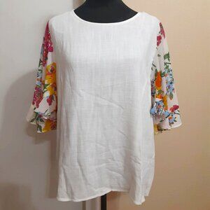 UMGEE Linen Cotton blouse women's Large Flared Ruffle Sleeves Floral Boho NWT